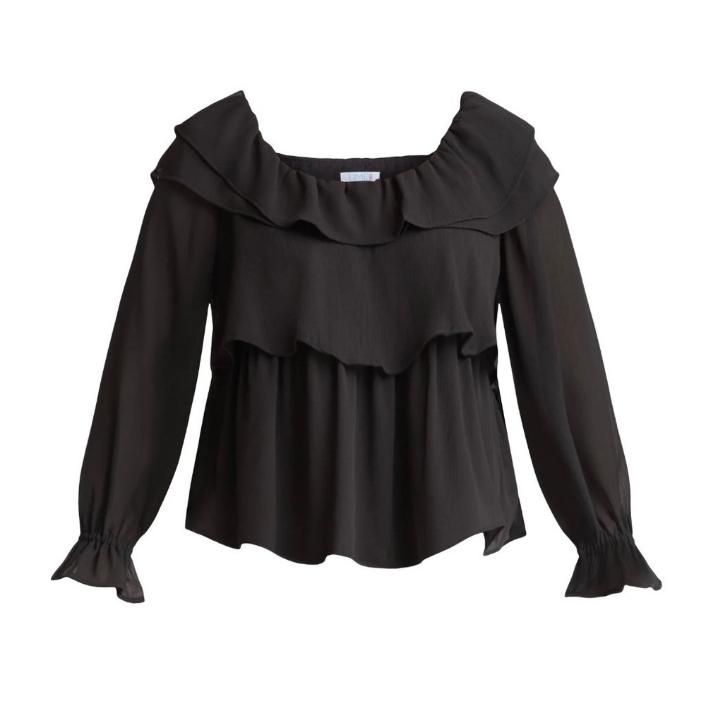 Time and Tru Ruffle‎ Blouse Peplum Top Modern Women Size Small 4-6 Black Solid